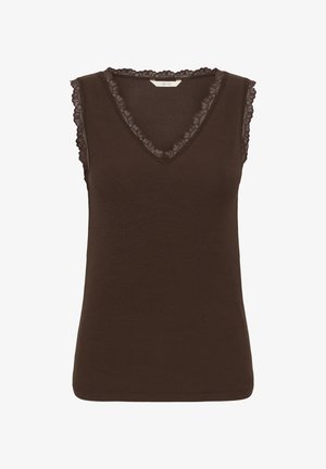 Top marrone scuro senza maniche in maglia con scollo a V e delicato bordo trasparente a volant intorno a scollo e giromanica.