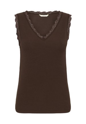 Tmavohnedý pletený vrchný diel bez rukávov s výstrihom do V a jemnou priehľadnou volánovou lemovkou okolo výstrihu a okolo dier na ruky.