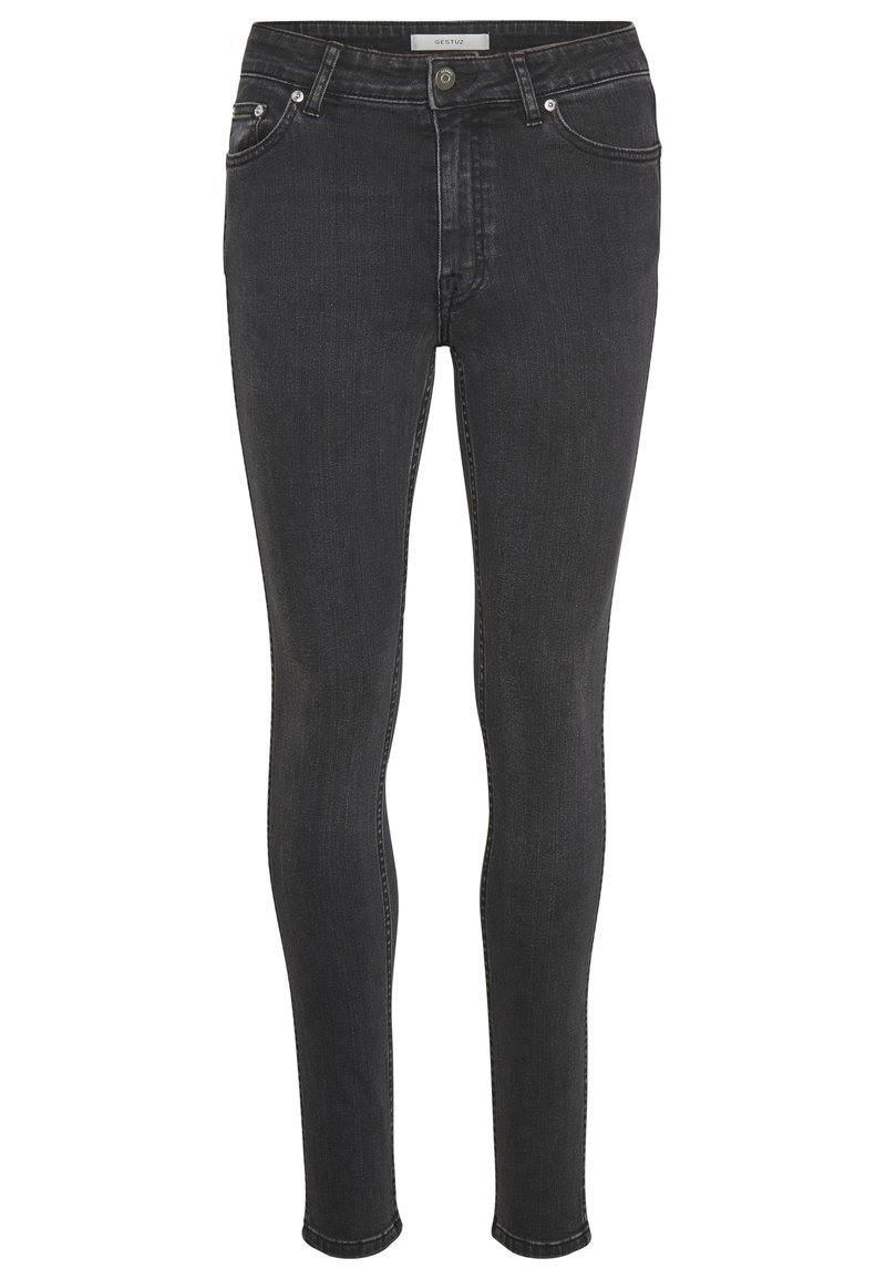 Jeans ajustados de mezclilla negra con cintura alta, diseño de cinco bolsillos y herrajes plateados. Presentan una tela texturizada con un desvanecimiento sutil.