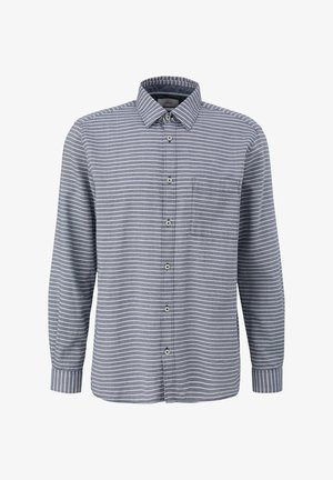 Gestreiftes Langarmhemd in Grau und Weiß, mit Button-Down-Kragen, Brusttasche und Knopfverschluss mit silberfarbenen Knöpfen.