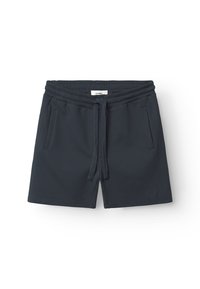 Tumesinised, tekstuuriga kootud lühikesed püksid, millel on elastne vöökoht, pael ja kaks esimest taskut. Brändi silt on nähtaval vöökohal.