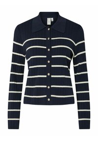 Marinblå ribbad cardigan med vita horisontella ränder, med klassisk krage och knappstängning fram med dekorativa knappar.