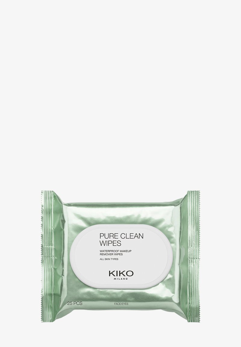 Grön foliepaketering av KIKO Milano Pure Clean Wipes med en vit etikett, som innehåller 25 vattentäta sminkborttagningsservetter för alla hudtyper.