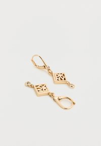 Kultasävyiset korvakorut, joissa on neliskulmaiset DKNY-logoriipukset ja pieni kirkas jalokivikoriste, roikkuen salpalukituksista.