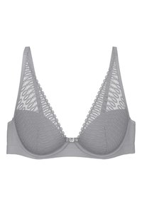 Siva čipkast modrček z žico, valovitim robom in majhnim sprednjim zapiranjem, s kompleksnimi čipkastimi vzorci na skodelicah in naramnicah.