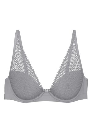 Szary koronkowy biustonosz z fiszbinami, falbaniastymi brzegami i małym zapięciem z przodu, ozdobiony skomplikowanymi wzorami koronkowymi na miseczkach i ramiączkach.