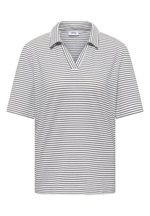 Witte polo met korte mouwen met dunne zwarte horizontale strepen en een V-hals.