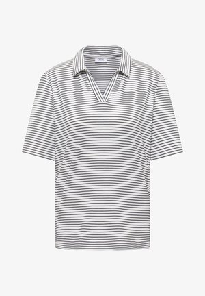 White short-sleeve polo shirt with thin horizontal black stripes and a V-neck collar.