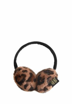 Faux fur earmuffs with brown and black leopard print and black padded headband on white background.
