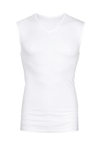 White, sleeveless V-neck tank top made from smooth, lightweight fabric. Fitted design with subtle stretch and no patterns or embellishments.