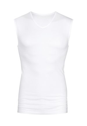 Weißes, ärmelloses V-Ausschnitt-Top aus glattem, leichtem Stoff. Figurbetontes Design mit sanfter Dehnbarkeit und ohne Muster oder Verzierungen.