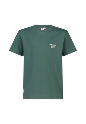 Donkergroene T-shirt met korte mouwen en ronde hals met kleine witte tekst 'New York City' op de linkerborst en een klein label in de zijnaad.