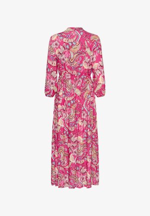 Maxikleid aus leuchtend pinkem Stoff mit Paisleymuster, langen Ärmeln, geraffter Taille und fließendem Rock. Weiches, leichtes Material.