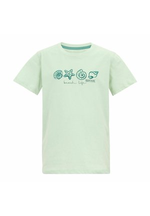 Light green short-sleeve T-shirt with teal sea shell, starfish, and shell icons, "beach life" text, and Regatta Great Outdoors logo on front.