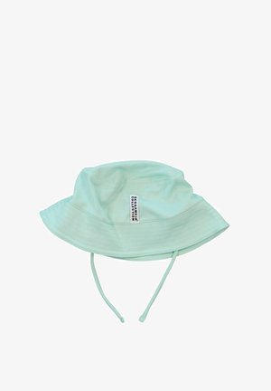 Chapeau seau vert menthe clair fabriqué en tissu texturé, avec un bord plat, des sangles de menton ajustables et une étiquette logo cousue sur le côté.