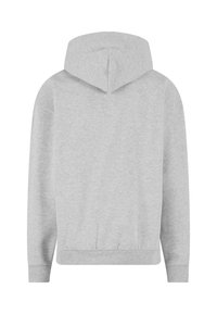 Grå hætte sweatshirt med et blødt, tekstureret stof. Har en kengurulomme og ribbede manchetter. Enkel, minimalistisk design uden grafiske elementer.