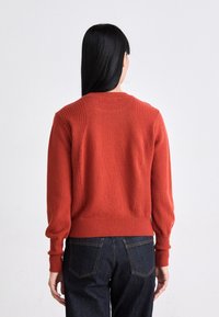 Person mit langen schwarzen Haaren, die einen rostfarbenen Strickpullover und dunkelblaue Jeans trägt, mit dem Rücken zu einem schlichten weißen Hintergrund.