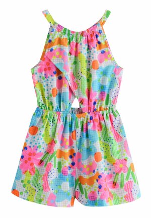 Kolorowy kombinezon z różnorodnymi wzorami w intensywnych odcieniach różu, zieleni, pomarańczy i niebieskiego, z elastycznym paskiem w talii oraz krzyżującymi się ramiączkami.