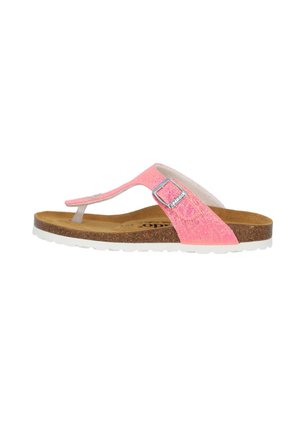 Pink flip-flop sandal with a textured strap, silver buckle accent, cork footbed, and white rubber outsole. Flat design suitable for casual wear.