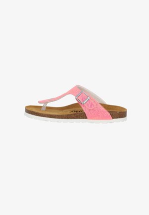 Infradito rosa con cinturino texturizzato, accentuato da una fibbia argentata, sottopiede in sughero e suola in gomma bianca. Design piatto adatto per un abbigliamento casual.