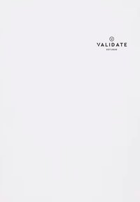 Hvid baggrund med den sorte logo "VALIDATE EST.2020" i fed skrift. Simpelt design uden yderligere grafik eller detaljer.