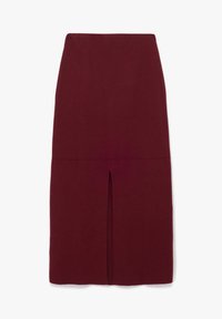 Spódnica ołówkowa w kolorze burgundowym, do kolan, z wysokim stanem i centralnym rozcięciem z przodu, o czystym, prostym designie na jednolitym tle.