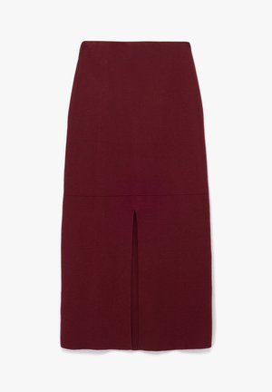 Gonna a tubino bordeaux a vita alta e lunghezza al ginocchio, con uno spacco al centro davanti e un design pulito e semplice, su uno sfondo neutro.