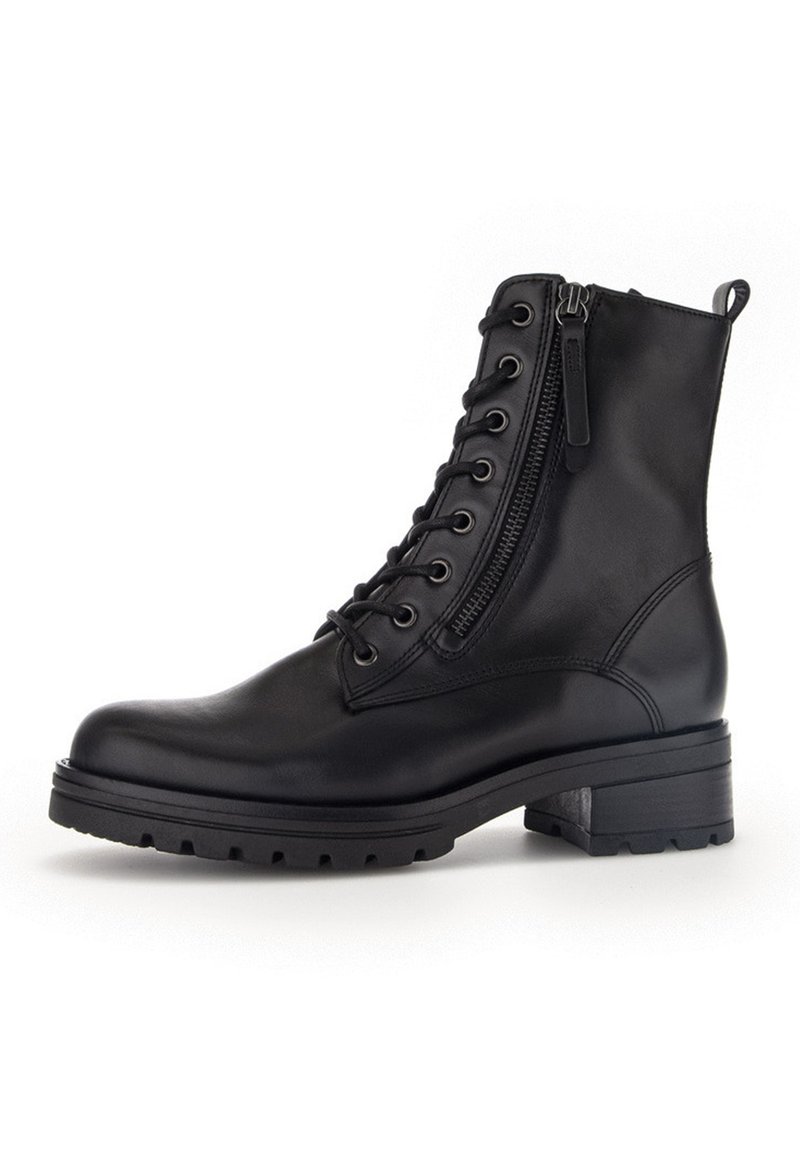 Black leather ankle boot with a lace-up front, side zipper, chunky sole, and a slightly raised heel for added support and stability.