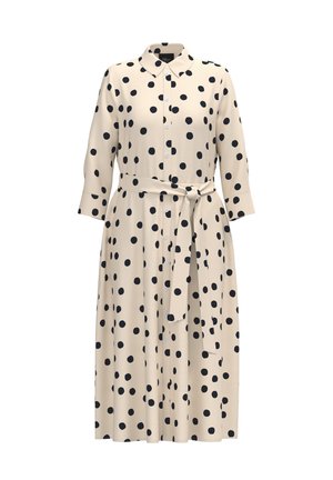 Beżowa midi sukienka koszulowa w czarne grochy, z długimi rękawami, zapięciem na guziki z przodu, kołnierzykiem i paskiem w talii wiązanym z boku.