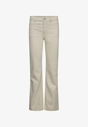 Jeans beige a zampa d'elefante realizzati in cotone con una trama liscia, dotati di due tasche anteriori e una chiusura con bottone classica.