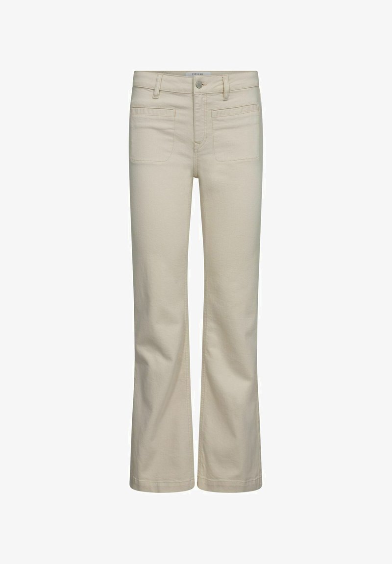 Beežid laiad teksad, mis on valmistatud puuvillast ja millel on sile tekstuur, kaks esist pocketit ja klassikaline nööbivääratus.