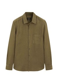 Olive green, long-sleeve button-up shirt made of textured fabric with a chest pocket and curved hem. Five button closure and collar.