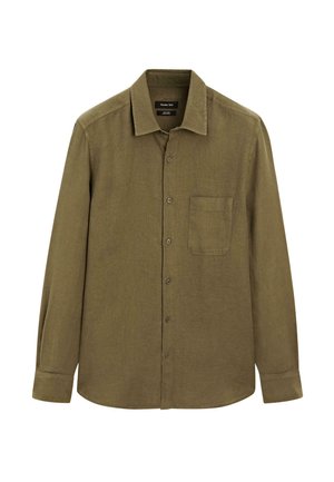 Olive green, long-sleeve button-up shirt made of textured fabric with a chest pocket and curved hem. Five button closure and collar.