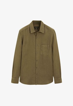 Camicia verde oliva a maniche lunghe con bottoni, realizzata in tessuto testurizzato, dotata di taschino sul petto e orlo curvo. Chiusura con cinque bottoni e colletto.