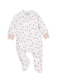 Witte baby onesie met een meerkleurig stippatroon, beige mouwmanchetten en drukknoopsluitingen langs de voorkant en been naden.