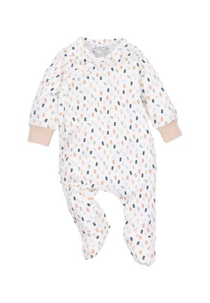 Witte baby onesie met een meerkleurig stippatroon, beige mouwmanchetten en drukknoopsluitingen langs de voorkant en been naden.