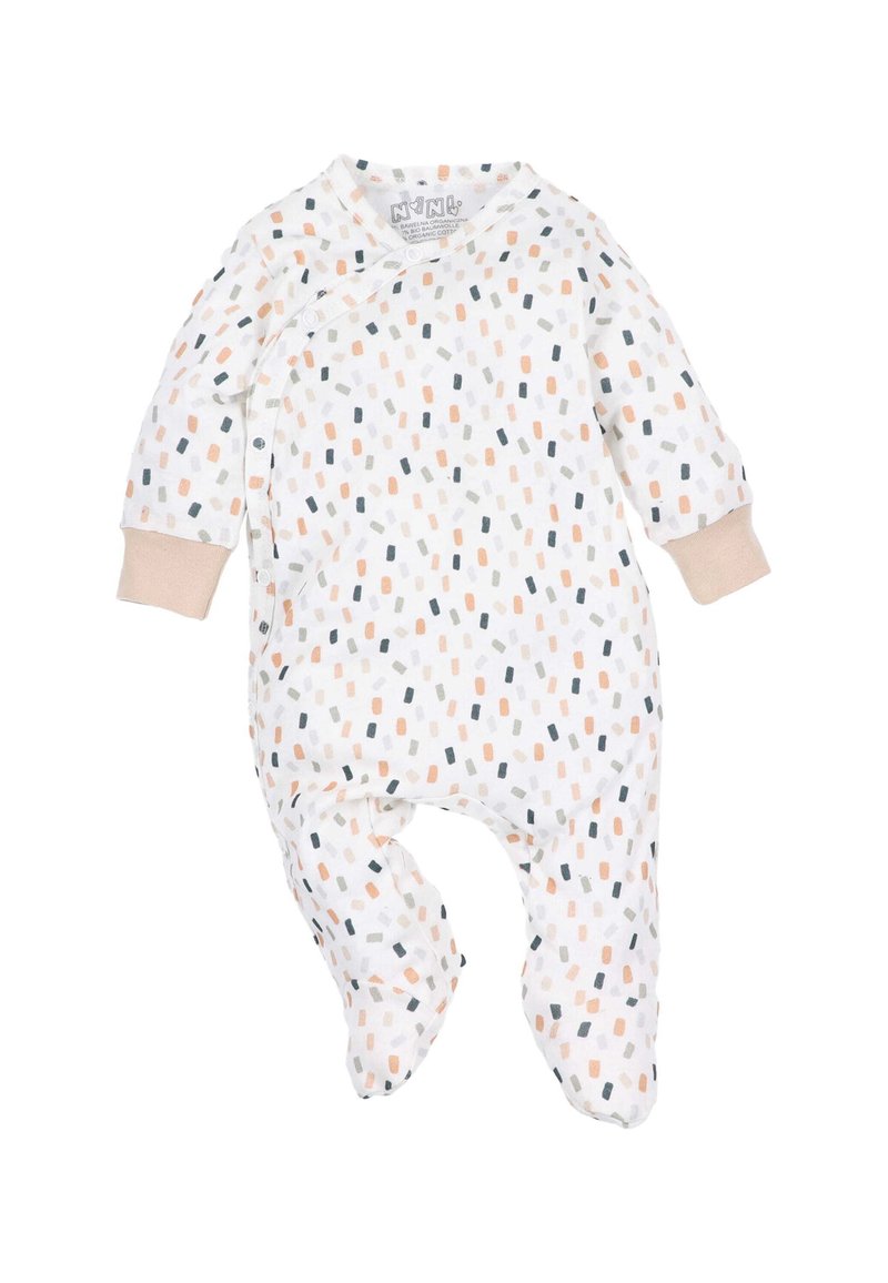 Witte baby onesie met een meerkleurig stippatroon, beige mouwmanchetten en drukknoopsluitingen langs de voorkant en been naden.