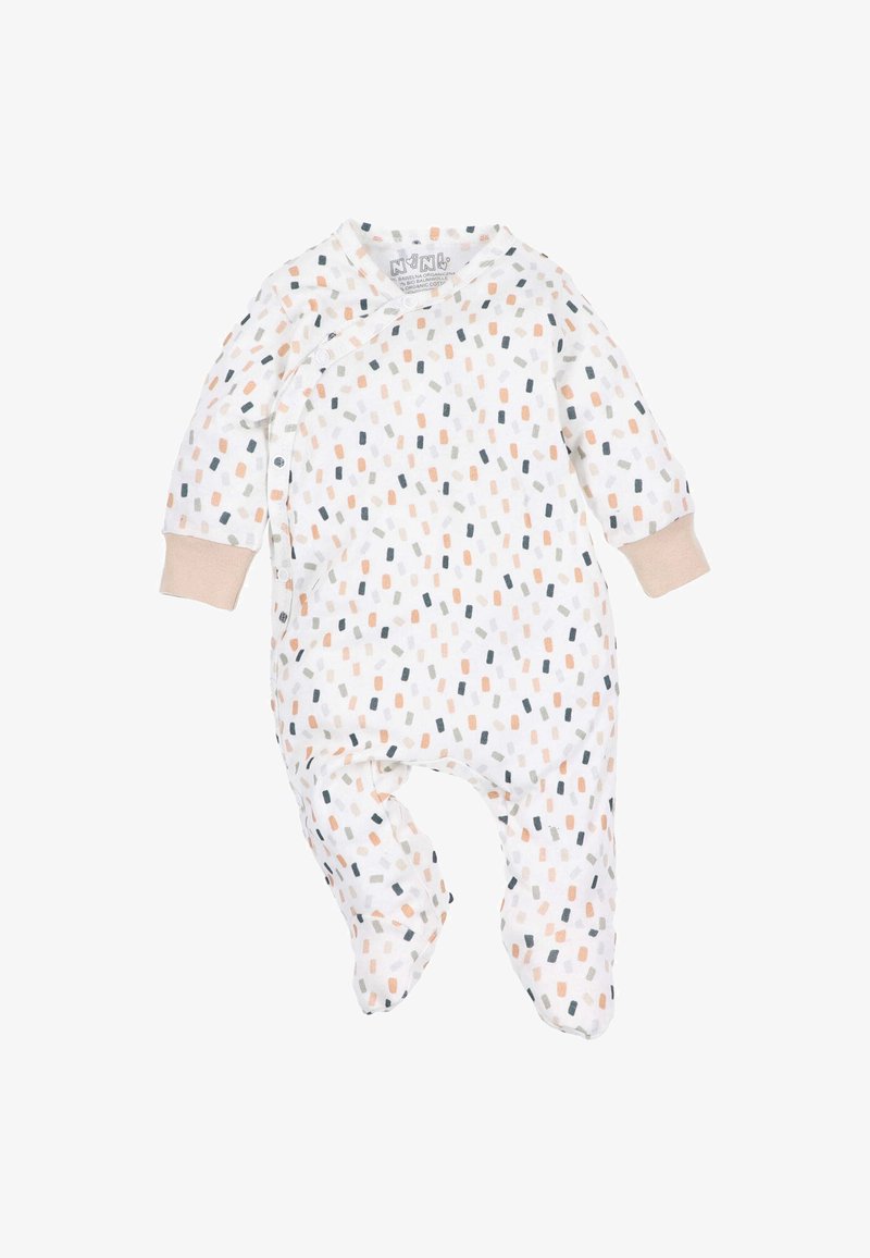 White baby onesie with multicolor dash pattern, beige sleeve cuffs, and snap closures along the front and leg seams.