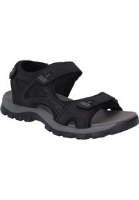 Schwarze Offene-Sandalen mit verstellbaren Riemen, Obermaterial aus Textil und Synthetik, gepolsterte graue Innensohle und strukturiertes Gummi-Laufsohle für besseren Halt.