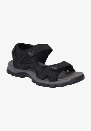 Black open-toe sandal with adjustable straps, textile and synthetic upper, cushioned gray insole, and textured rubber outsole for grip.