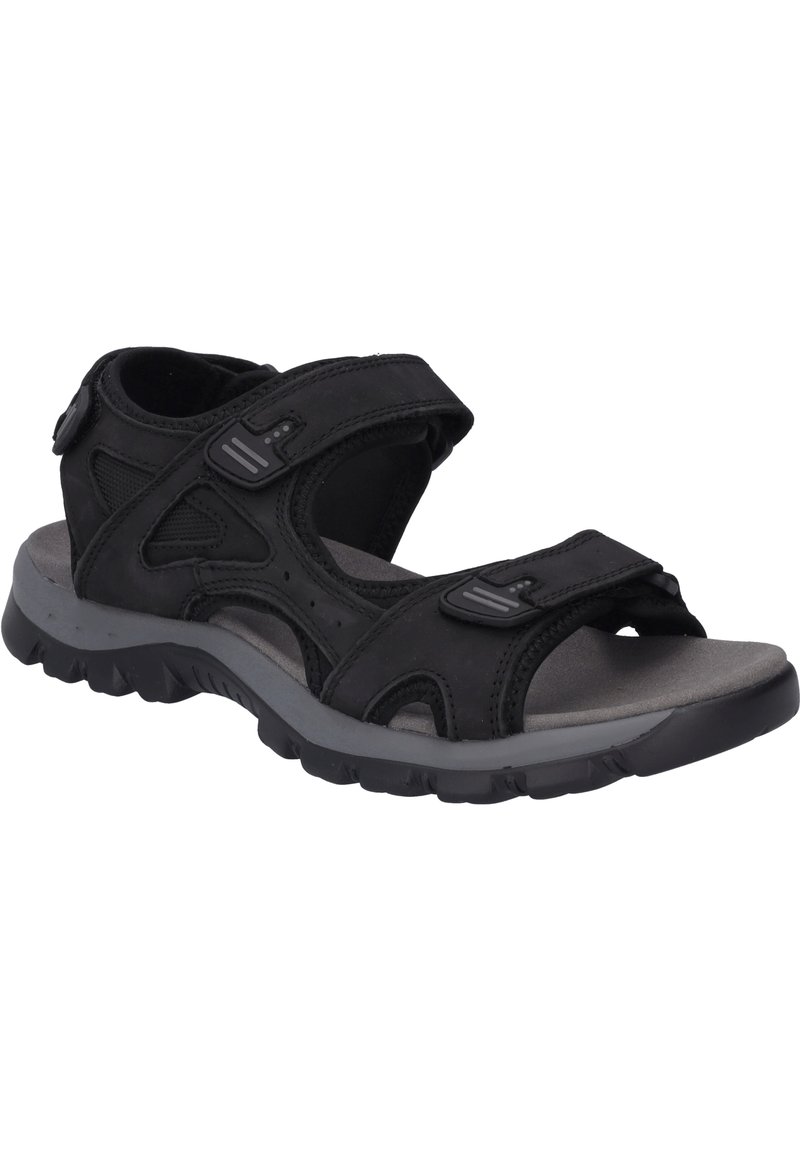 Schwarze Offene-Sandalen mit verstellbaren Riemen, Obermaterial aus Textil und Synthetik, gepolsterte graue Innensohle und strukturiertes Gummi-Laufsohle für besseren Halt.