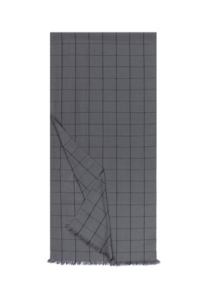 Gray plaid scarf with a soft texture, featuring a checkered pattern in darker gray, finished with frayed edges.