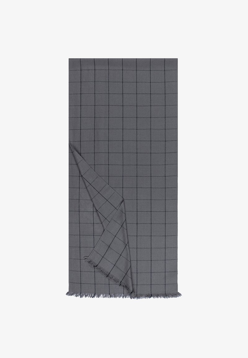 Gray plaid scarf with a soft texture, featuring a checkered pattern in darker gray, finished with frayed edges.