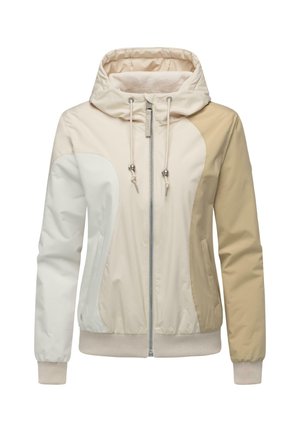 Veste à capuche beige, blanche et tan. Caractéristiques : fermeture éclair, poignets élastiques et design bicolore avec texture lisse et isolation légère.