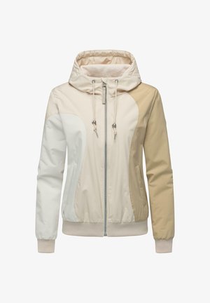 Huvanvänd jacka i beige, vitt och brunt. Har dragkedjestängning, elastiska ärmslut och färgblockdesign med slät yta och lätt isolering.