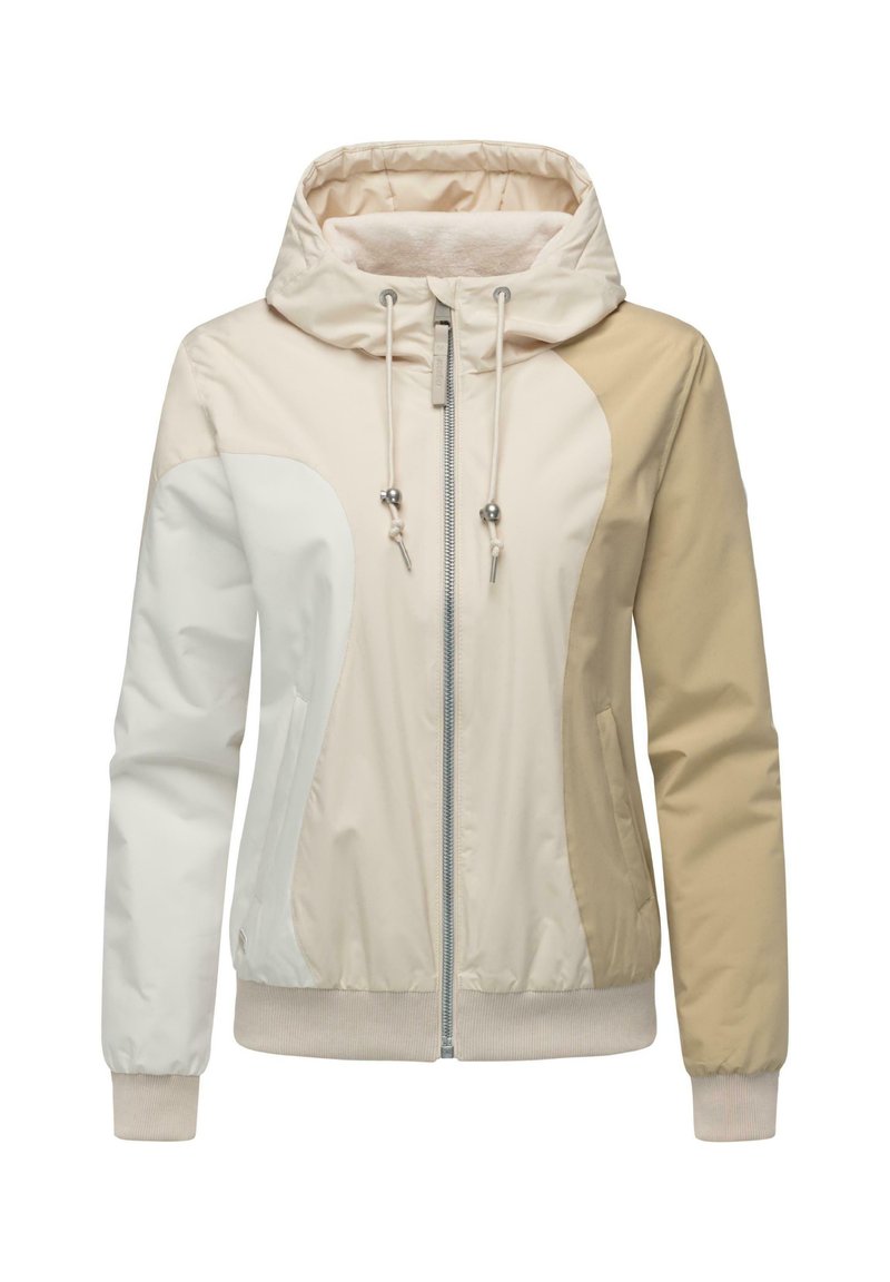 Hooded jacket in beige, white, and tan. Features zip closure, elastic cuffs, and color-block design with smooth texture and light insulation.