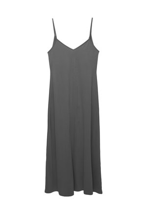Grey, sleeveless dress with thin straps and a V-neckline, made of lightweight fabric. Loose, flowing silhouette without patterns or accents.