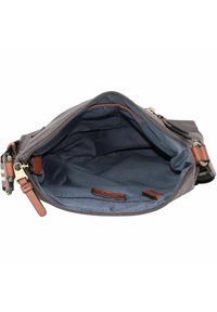 Sac en tissu gris avec une ouverture zippée, un intérieur bleu foncé et des accents en cuir marron, avec des poches supplémentaires plus petites à l'intérieur.