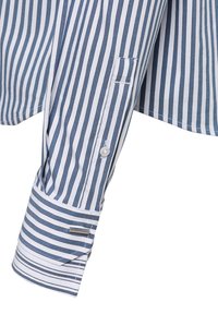 Striped shirt featuring white and navy blue stripes, long sleeves, a buttoned cuff, and a small button detail on the sleeve.