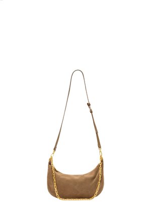 Brown suede shoulder bag with a curved shape, gold chain accent, and a long adjustable strap. Smooth texture, minimalist design.